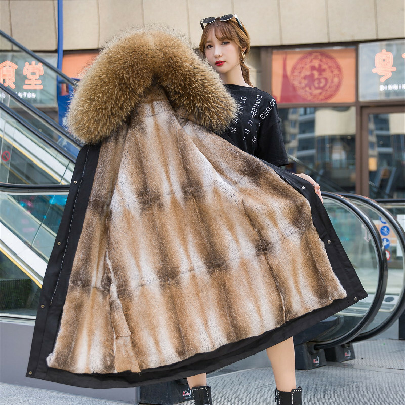 Women's Winter Parka Real Fox Fur Collar Coat Hooded Rex Rabbit