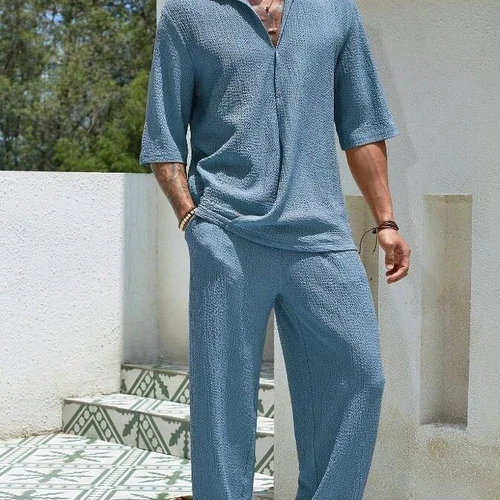 Men Summer Casual Outfit 2-Piece Set Short Sleeve T-Shirt and Pants Trousers Set - Picture 8 of 21