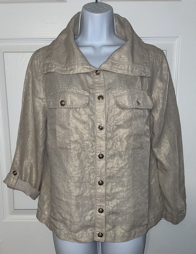 Chicos Gr. 1 Medium Gold Glanz Leinen schimmernd Rollriegel Ärmel Utility Jacke gebraucht, in einwandfreiem Zustand