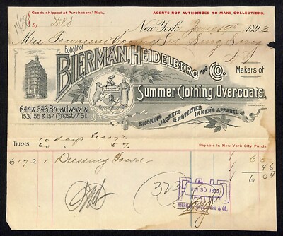 Bierman, Heidelberg Smoking NYC 1893 Billhead to Townsend Young (Sing Sing) (#2)