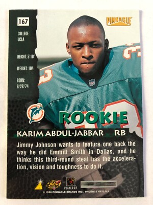 1996 Pinnacle Karim Abdul Jabbar #167 Rookie RC Miami Dolphins | eBay