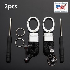 2pcs Black  Silver Woven Leather Fob D-Ring Keychain Key Split Ring Holder Clip