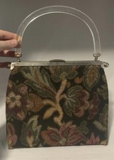 Tapestry Carpet Bag Purse w Clear Handle Multicolored Floral 1950s 12 Vintage