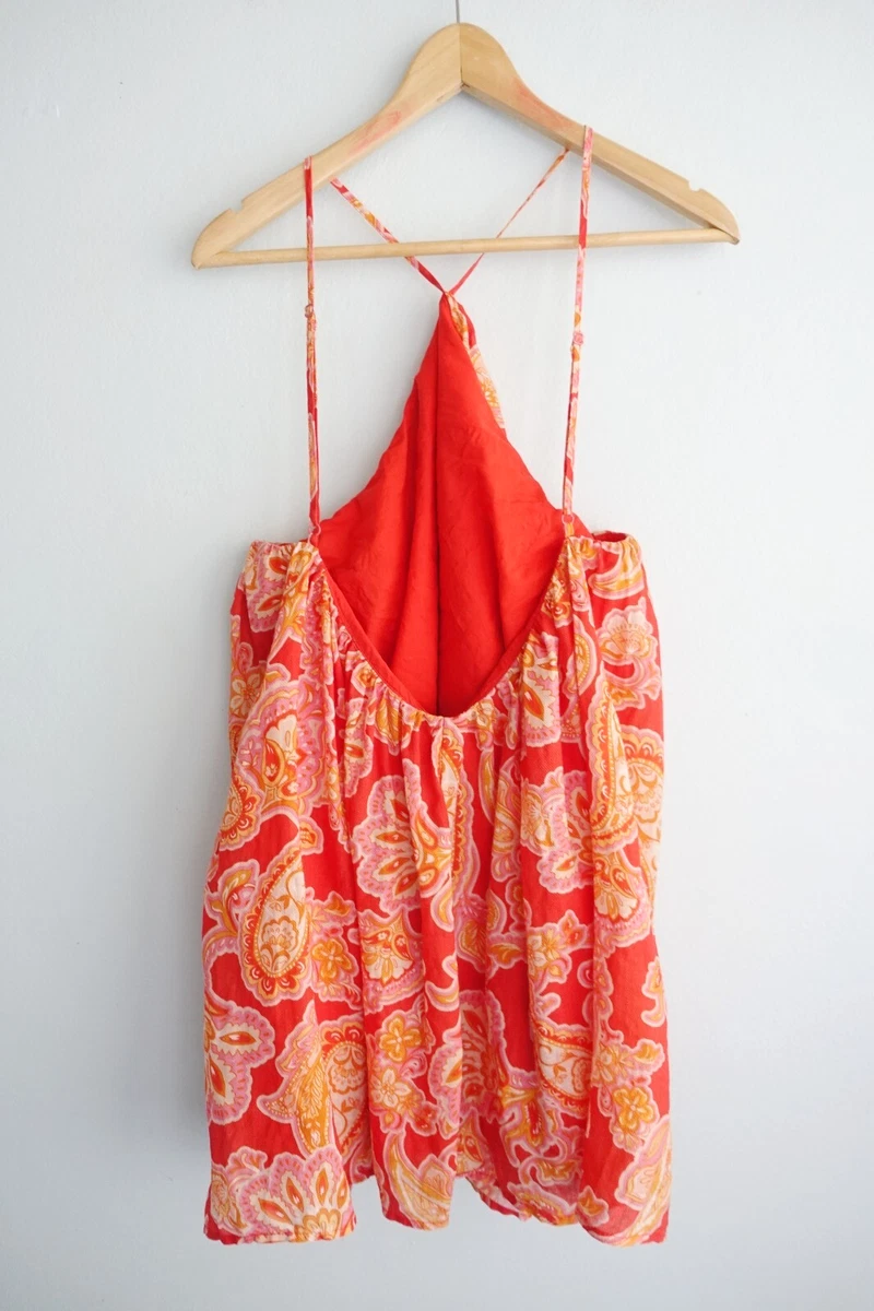 AERE Top Womens size 12 Red Orange Paisley Flowy Swing Ramie Coastal Resort Boho