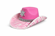 Pink Zebra Cowgirl Hat with Sheriff Star & Rhinestone Band Fancy Dress