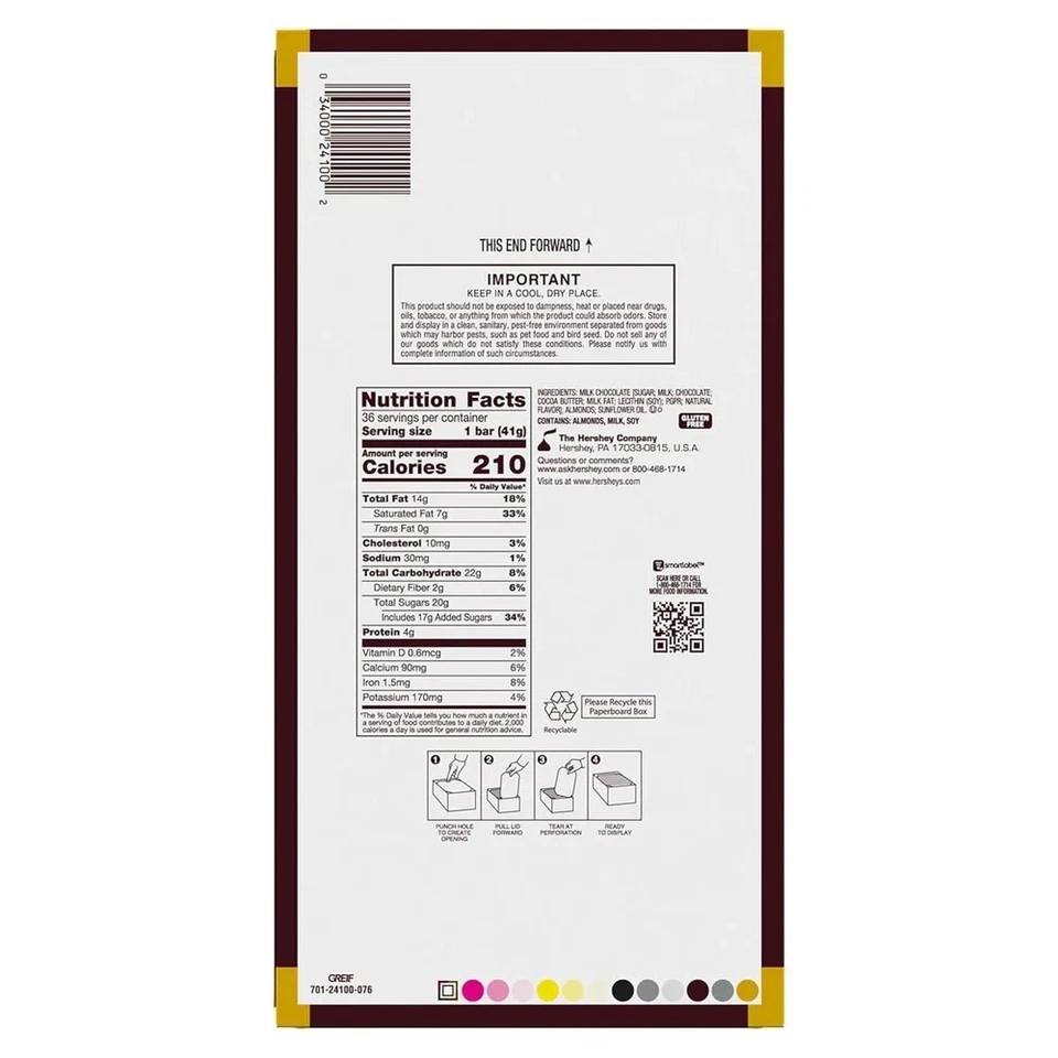 Barritas de caramelo de chocolate con leche con almendras enteras HERSHEY'S, 1,45 OZ 36 unidades Foto 4 de 4