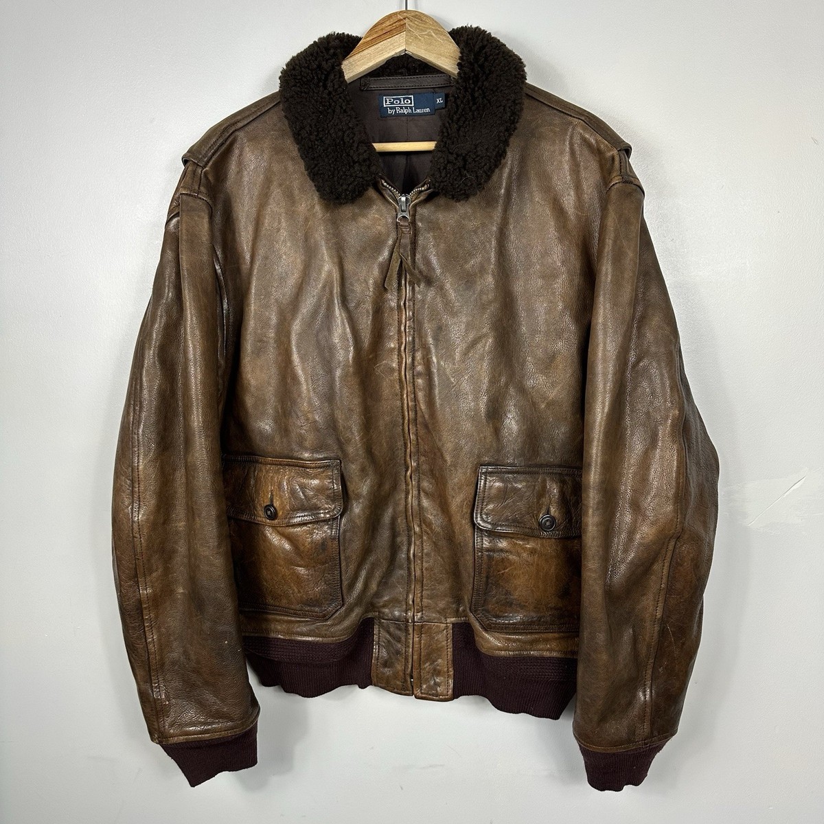 Vintage Polo Ralph Lauren Leather Shearling Jacket, Brown, RRL