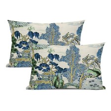 Chinoiserie Lumbar Pillow Covers 12 x 20 Set of 2 Asian Scenic Linen Throw