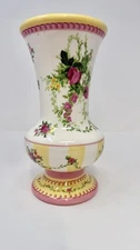 Vintage Laura Ashley FTD Ceramic Floral Vase, Yellow/Pink Roses , 9” Tall , NOS