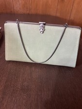 Green Vintage Evening Bag Purse Clutch Silver Tone Metal Rhinestone Accents