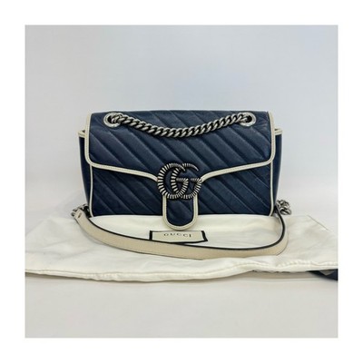 Authentic Gucci GG Marmont 26 Matelassé Leather Crossbody Bag Navy Blue Antique