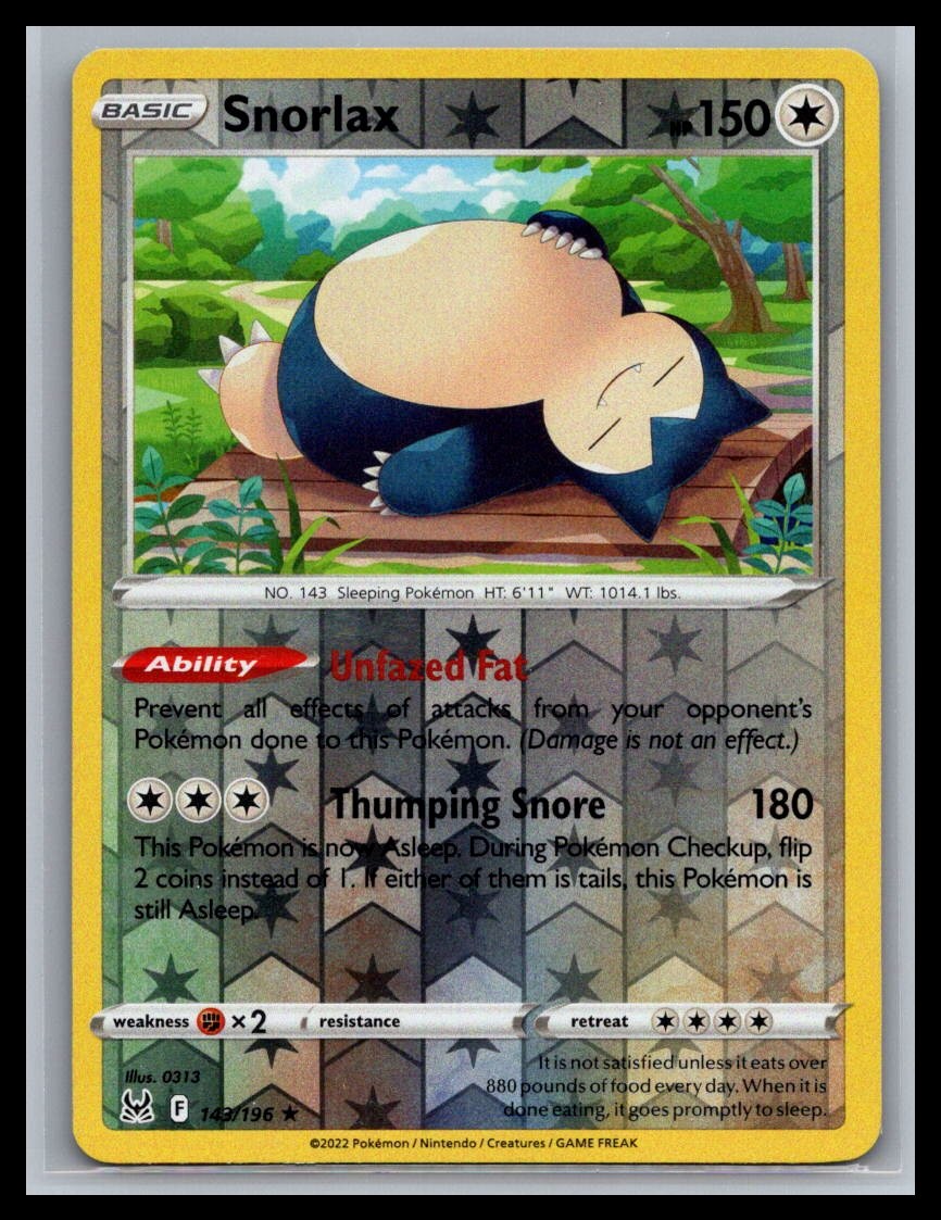 Snorlax Holo Rare SWSH11: Lost Origin 143/196 NM Pokémon