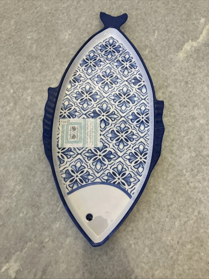 Melamine Serving Platter Beach To Bistro Fish Shaped Blue & White Sigrid Olsen - Image 4 of 4