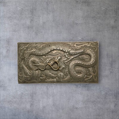 Antike alte chinesische Metalllegierung Drachen Schatulle Zinn Metall Holzkiste innen EC2