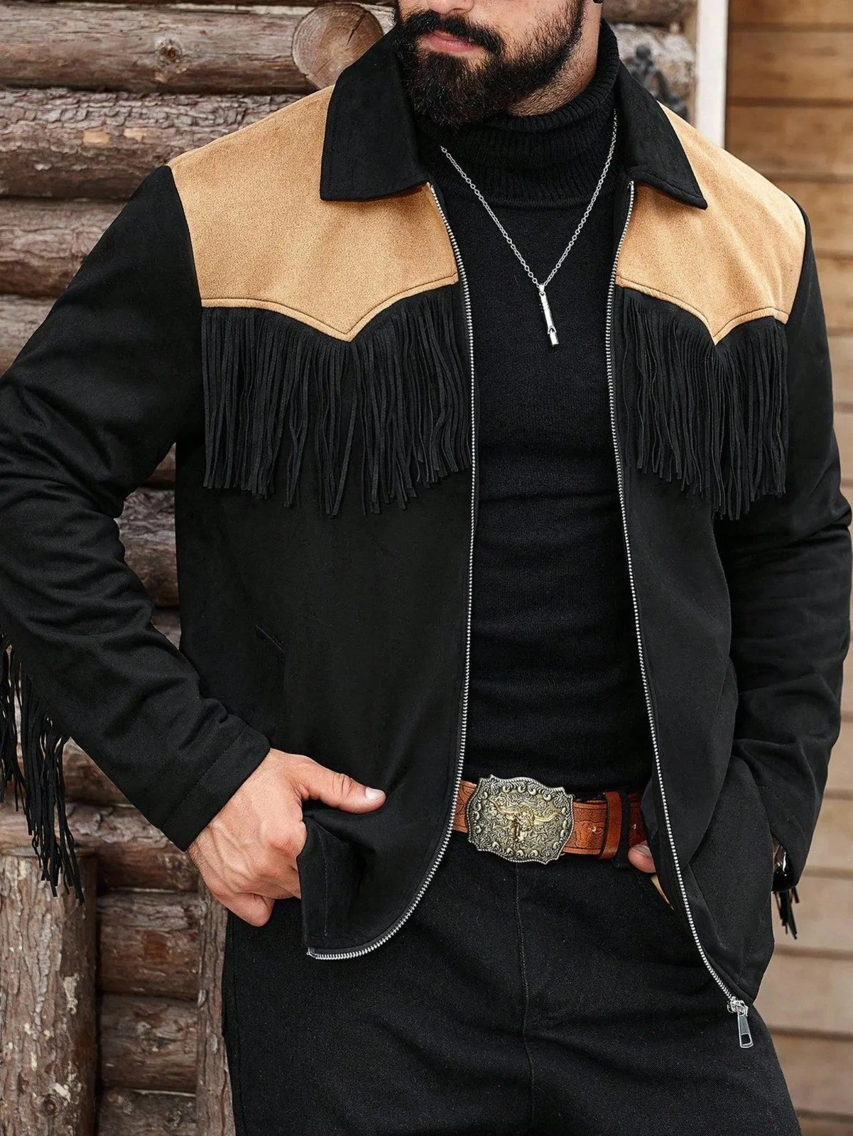 Black Fringe Leather Jacket Men Western Cowboy Tan Suede Yoke Rodeo Trucker Coat