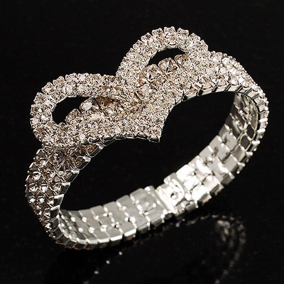 Dazzling Swarovski Crystal Heart Flex Bangle Bracelet (Silver Tone
