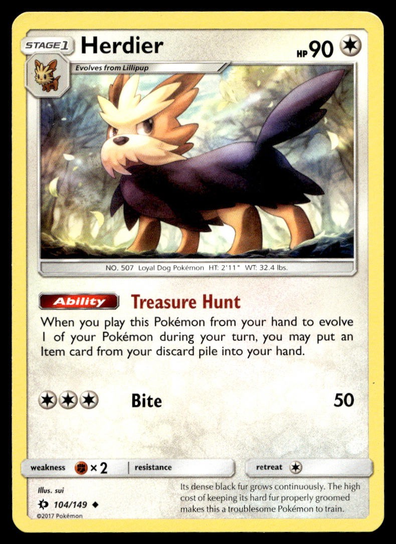 Herdier 104/149 Pokemon Card Sun & Moon Uncommon 90 HP Lightly Played EL