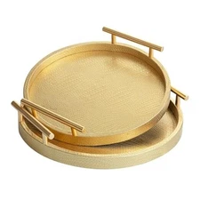 2 Pieceen Round Serving Tray with Handles, Woven-Texture Faux Leather Gold