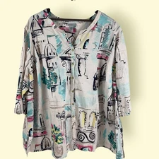 Catherines Linen Cotton Button Up Blouse Tunic Top Vibrant Artsy Print Size 5X