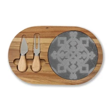 Engraved Bamboo Charcuterie Board with Marble Inset & Cheese Knives