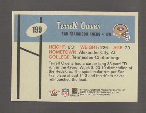 2002 Fleer Platinum #199 Terrell Owens card, San Francisco 49ers HOF - Picture 2 of 2