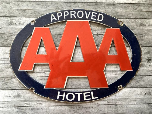 VINTAGE 16x8.5" AAA Hotel GASOLINE GAS OIL PUMP STATION PORCELAIN MOTOR SIGN
