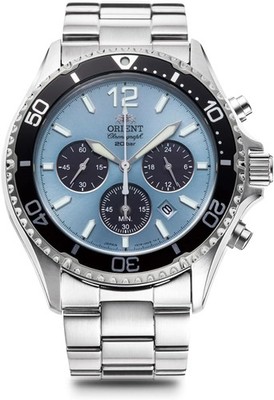 Orient Mako Solar Powered Chronograph Watch, Men's, Sky Blue and Silver, RN