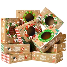 12PCS Christmas Cookie Boxes 8.75x5.75x2.75 Kraft Bakery Window Gift Set Treats!