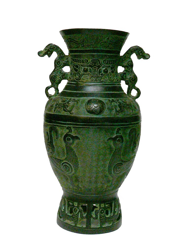 Chinese Old Dynasty Green Bronze Dragons and Birds Pattern Ceremonial Vase cs1048S Chinese Old Dynasty Green Bronze Dragons and Birds Pattern Ceremonial Vase cs1048S