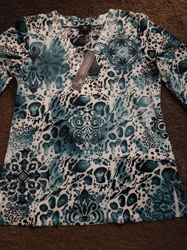 Brand New JM Collection Teal Vneck beaded womens floral blouse - Picture 3 of 24