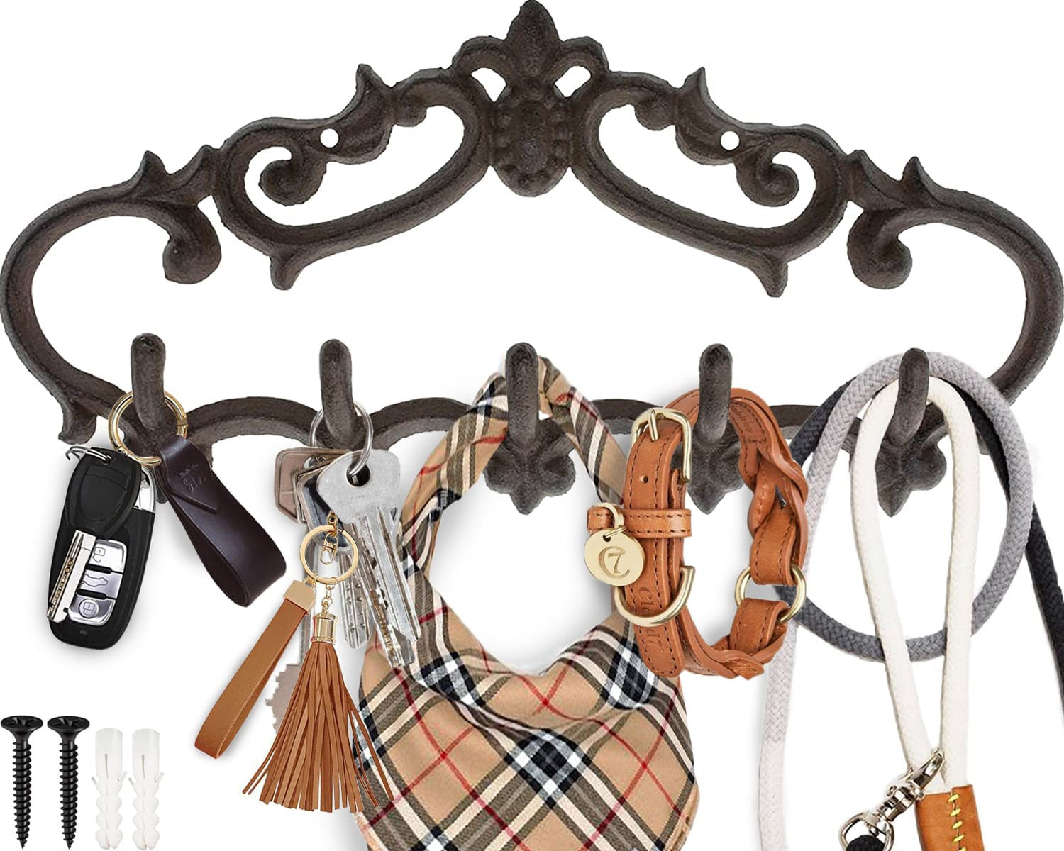 Cast Iron Wall Mounted Hanger &ndash; Vintage Design with 5 Hooks - for Keys, Towels, 