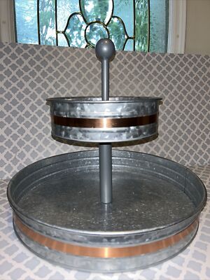 Galvanized Two Tiered Serving Stand - Metal Tray With Copper Trim-13  Tall