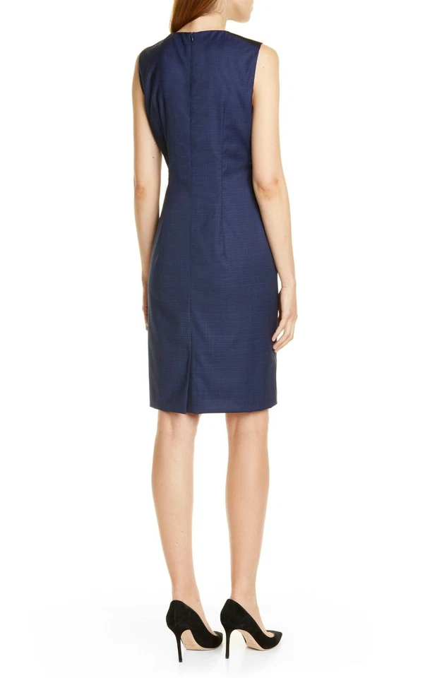 HUGO BOSS Navy Blue Plaid Satin Shoulder Trim DRISTIE Wool Sheath Dress 8 Petite - Image 2 of 4