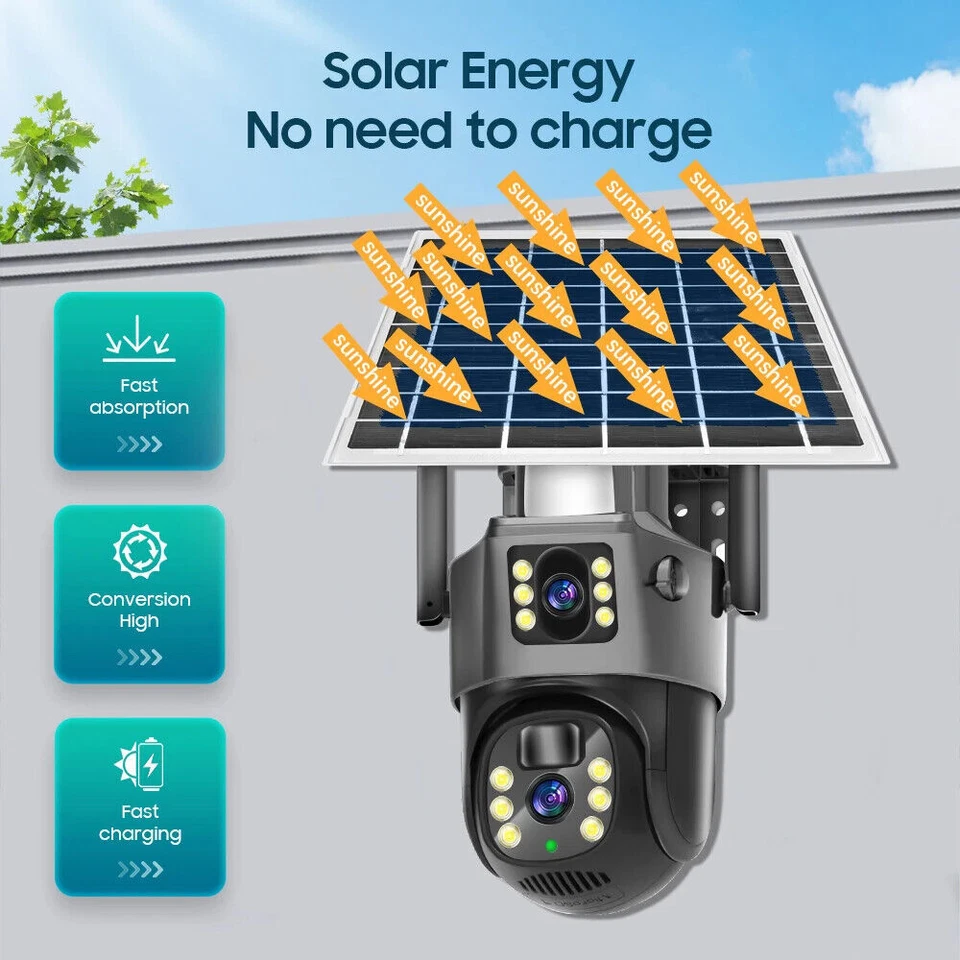 4MP 2 Lens WiFi Solar Camera Wireless Outdoor CCTV PTZ Home Security System Cam - Image 2 of 4