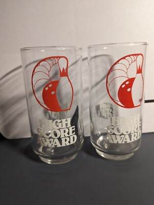 Bowling High Score Award Glasses by Libby Vintage PAIR (2) Used  5.5''