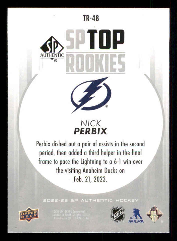2022-23 SP Authentic Top Rookies #TR48 Nick Perbix - Image 2 of 2