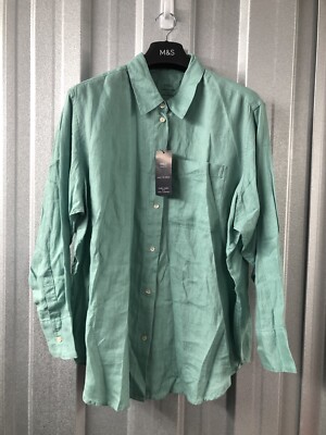 Marks & Spencer Pure Linen Long Sleeve Shirt Top Blouse UK 14 £35 Soft Green