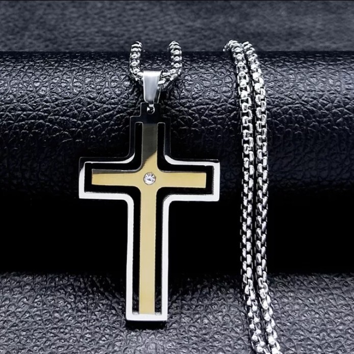 Men Women Cross Pendant Necklace Stainless Steel CZ Gold Cross