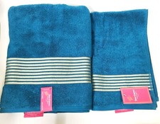 NEW JUICY COUTURE 2 PC SET STEEL BLUE,WITH GOLD STRIPES COTTON BATH,HAND TOWEL