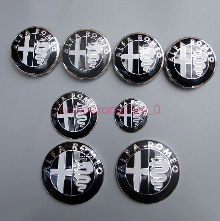 8 Set Alfa Romeo Black Wheel Center Caps Hood Rear Steering Wheel Emblems Badges