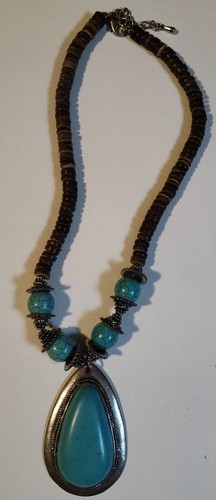 Faux Turquoise Pendant 18" Necklace Silver Wood 3" Ext Chunky 82g Southwestern - Picture 2 of 7