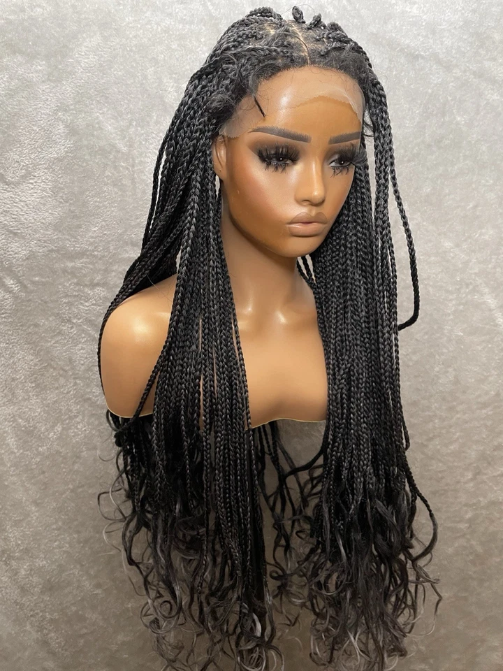 "Peluca trenzada de caja larga de 40"" - Frente de encaje | Extremos rizados negros/grises | Gorra de malla sintética" Foto 2 de 4
