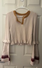 For Love  Lemons Knitz Cropped Ruffle Bell Sleeve Sweater in Beige, Size M