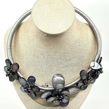 Vintage Y2K Silver Silk Cord Choker Necklace Gray Shell Floral Aurora Borealis