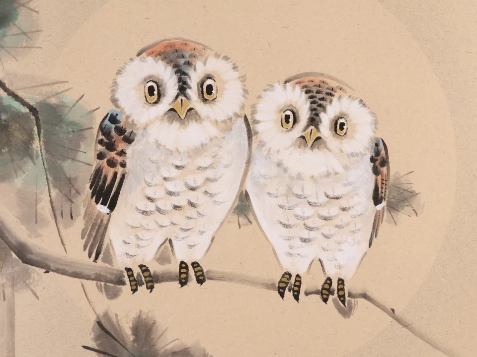 Pergamino colgante japonés pintado a mano 'Par de búhos' KAKEJIKU por Kimura Ryohei Foto 3 de 4