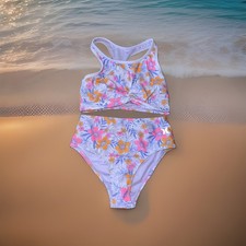 Hurley Girls Sz S 6:6X Two Piece Swimsuit Bikini Set Light Purple Floral