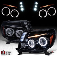 Fit 2005-2011 Toyota Tacoma Black Smoke Dual Halo Projector Headlights LED Bar