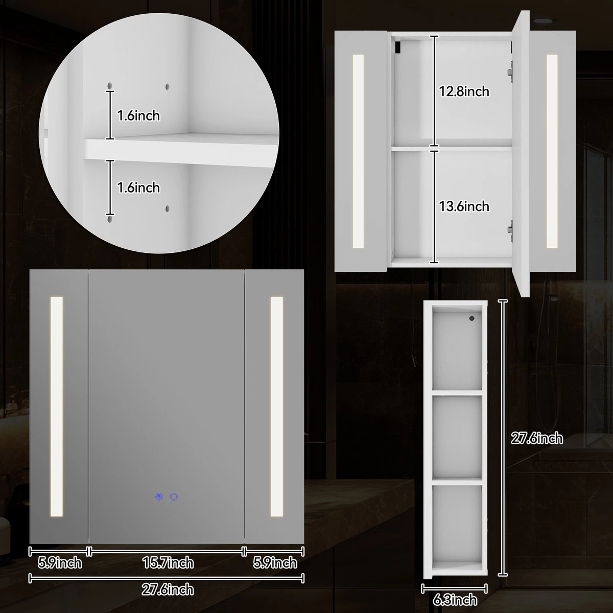 Armario Espejo Baño Inteligente con Antiniebla, Luz LED Regulable, Estante Ajustable