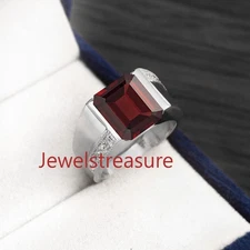 Natural Garnet  & CZ Gemstones with 925 Sterling silver Ring for Men's #24