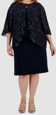 Connected Apparel Womens Blue Metallic Cape Overlay Jersey Dress Plus Size 16W